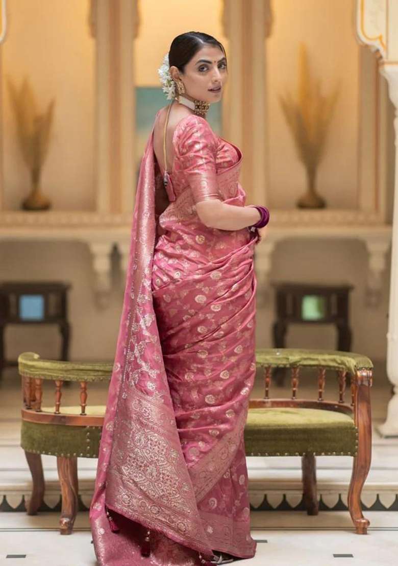 Peach Banarasi Soft Silk Saree Set - Indya