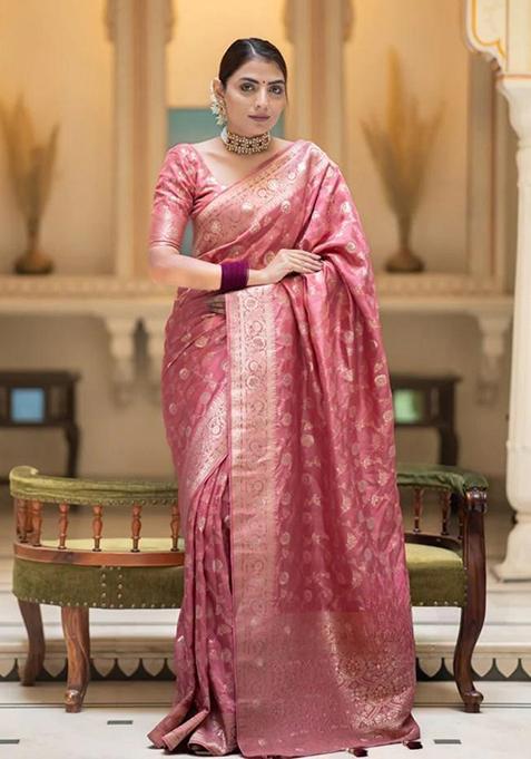 Peach Banarasi Soft Silk Saree Set