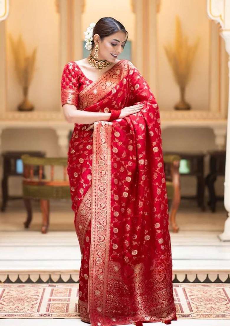 Red Banarasi Soft Silk Blend Saree Set for Diwali and Festive Wear - Indya