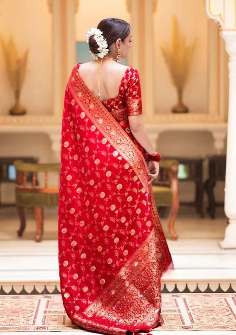 Red Banarasi Soft Silk Blend Saree Set for Diwali and Festive Wear - Indya