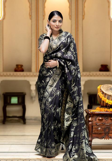 Black Banarasi Soft Silk Saree Set