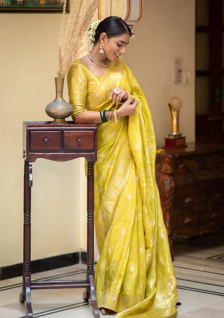 Yellow Banarasi Soft Silk Saree Set