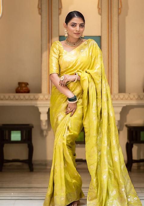 Yellow Banarasi Soft Silk Saree Set