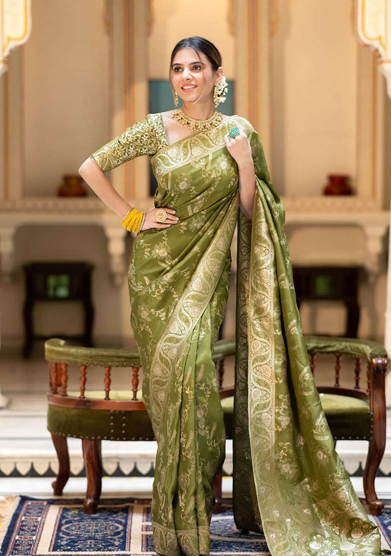 Olive Banarasi Soft Silk Blend Saree Set for Diwali | Wedding & Festive Wear - Indya