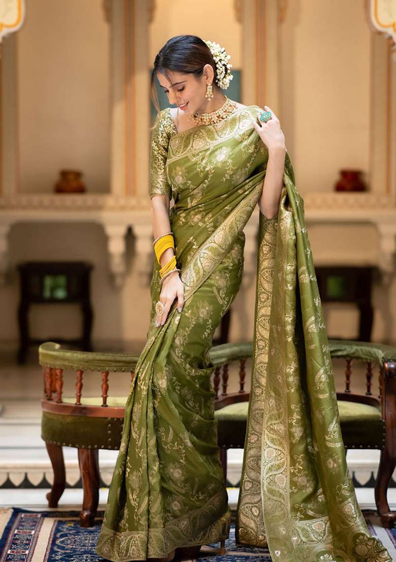 Olive Banarasi Soft Silk Blend Saree Set for Diwali | Wedding & Festive Wear - Indya