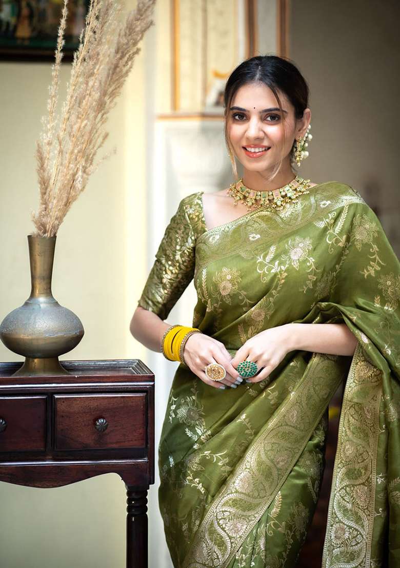 Olive Banarasi Soft Silk Blend Saree Set for Diwali | Wedding & Festive Wear - Indya
