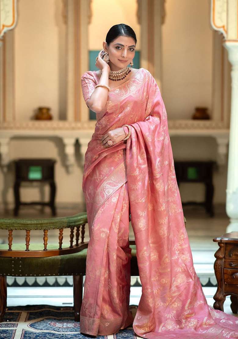 Peach Banarasi Soft Silk Blend Saree Set for Diwali | Wedding & Festive Wear - Indya