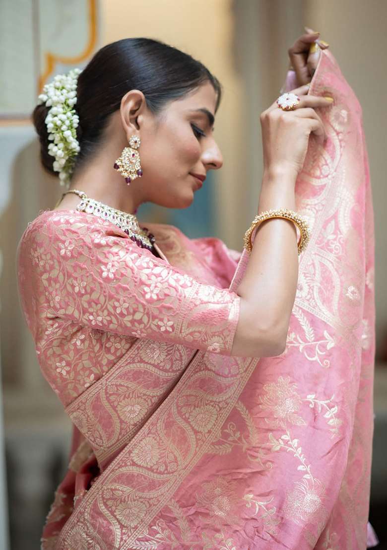 Peach Banarasi Soft Silk Blend Saree Set for Diwali | Wedding & Festive Wear - Indya
