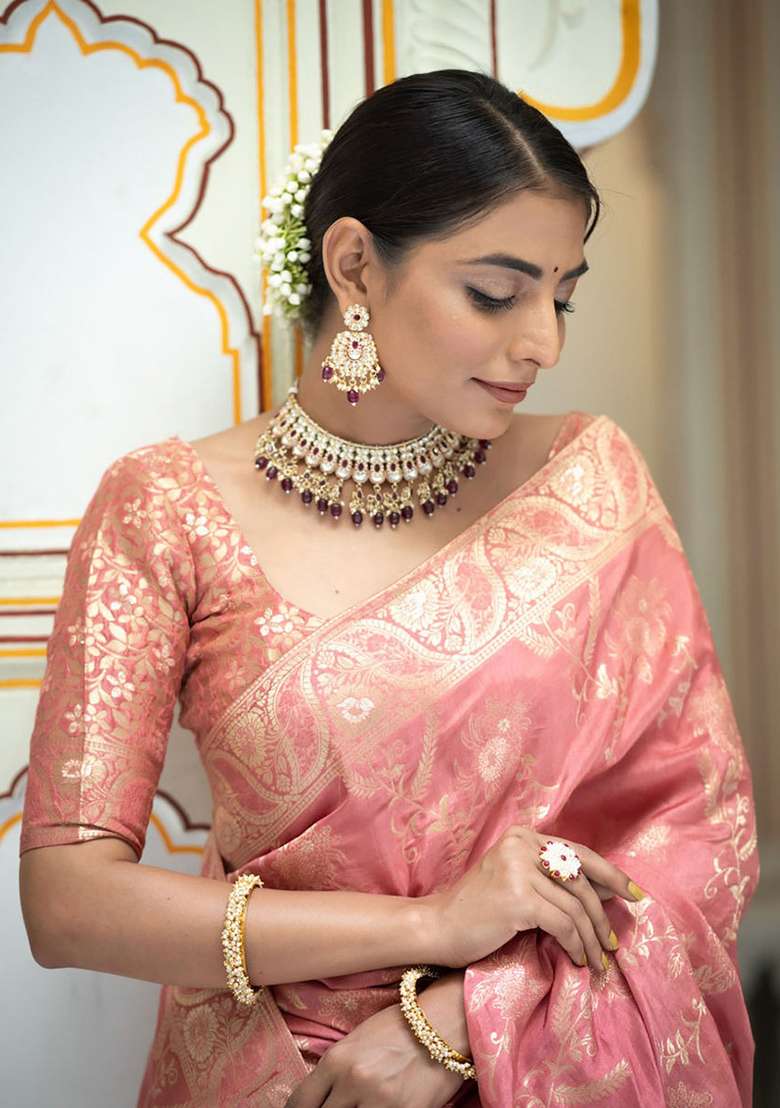Peach Banarasi Soft Silk Blend Saree Set for Diwali | Wedding & Festive Wear - Indya
