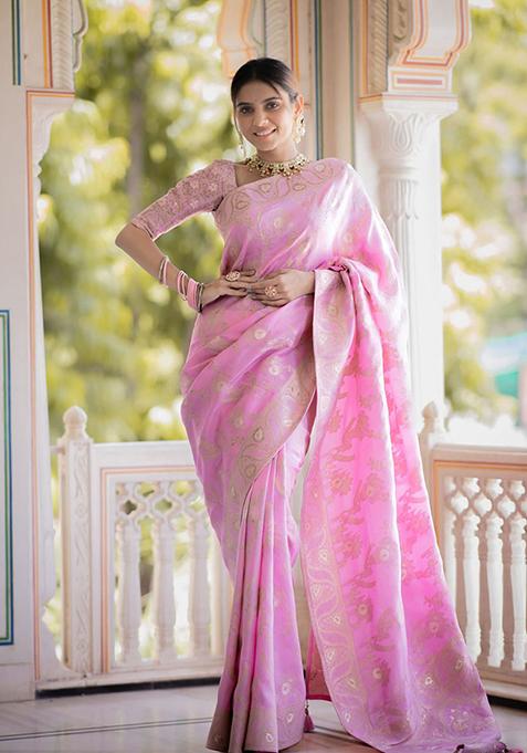 Pink Banarasi Soft Silk Saree Set