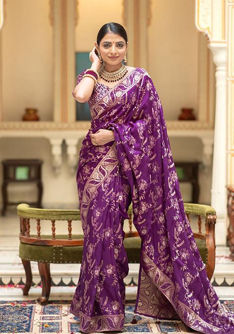 Purple Banarasi Soft Silk Saree Set