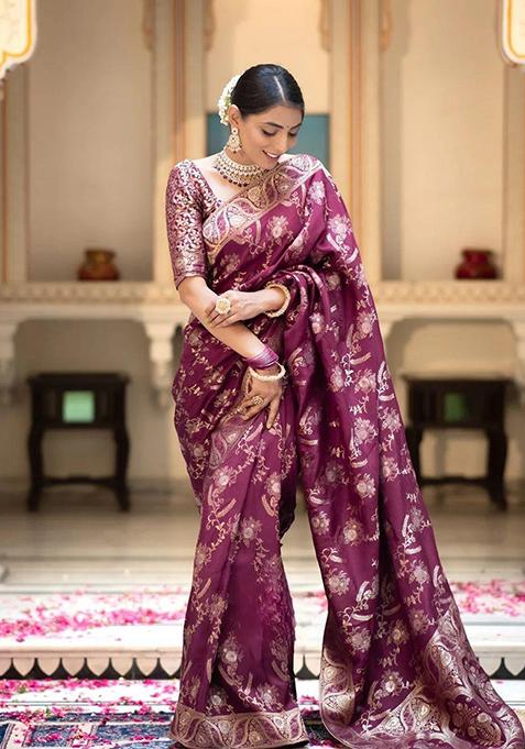 Wine Banarasi Soft Silk Saree Set