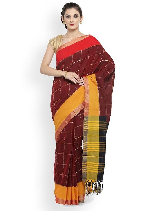 Maroon Woven Design Silk Cotton Saree Set