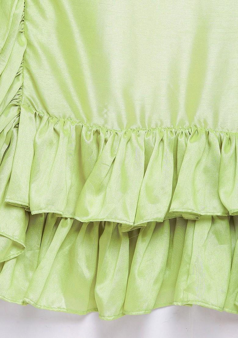 Green Solid Silk Blend Saree Set