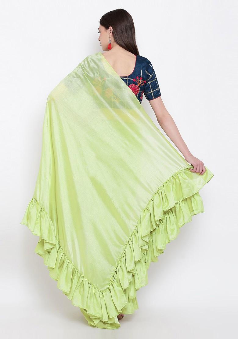 Green Solid Silk Blend Saree Set
