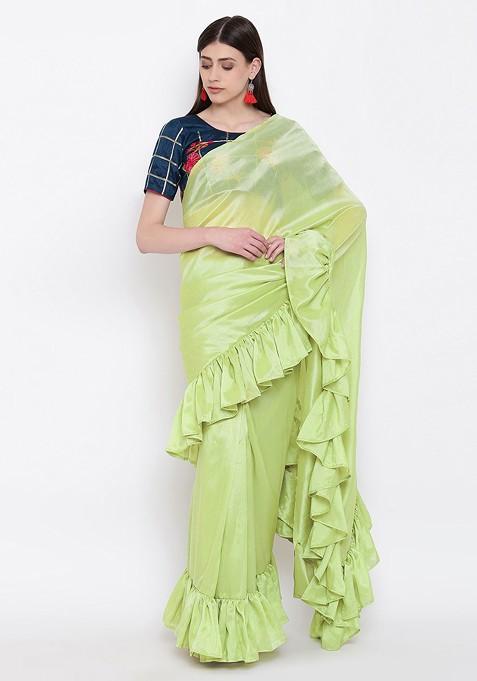 Green Solid Silk Blend Saree Set