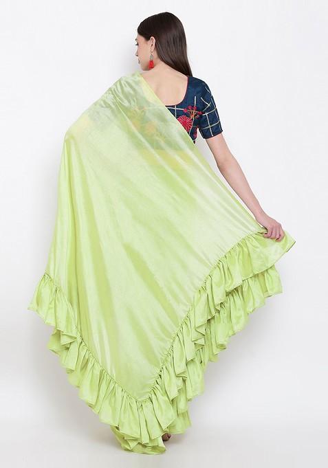 Green Solid Silk Blend Saree Set