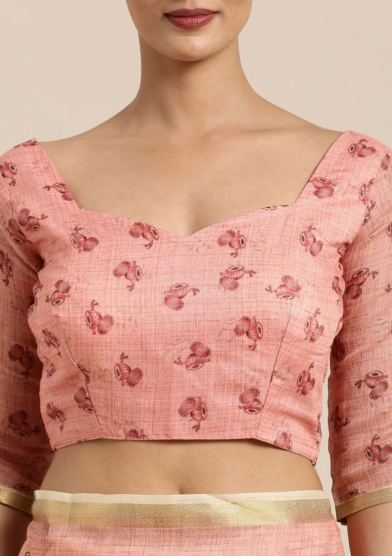 Red And Pink Printed Linen Blend Saree Set