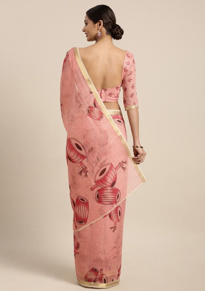 Red And Pink Printed Linen Blend Saree Set