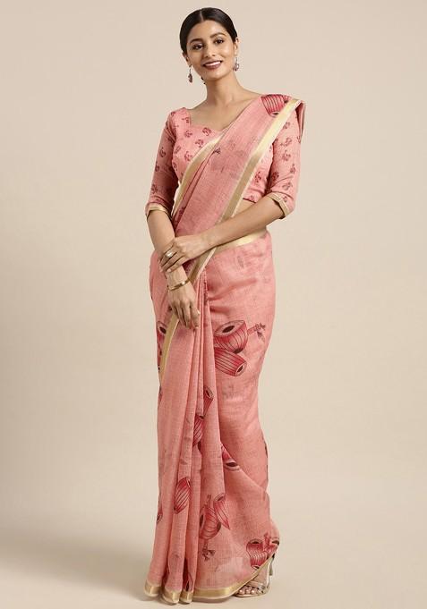 Red And Pink Printed Linen Blend Saree Set