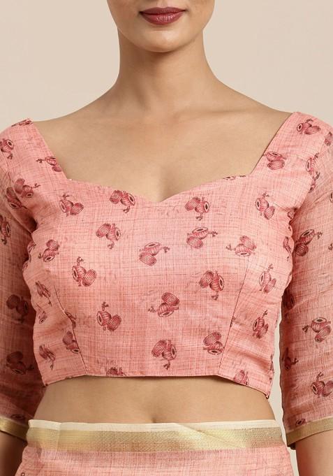 Red And Pink Printed Linen Blend Saree Set