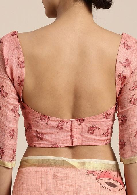 Red And Pink Printed Linen Blend Saree Set