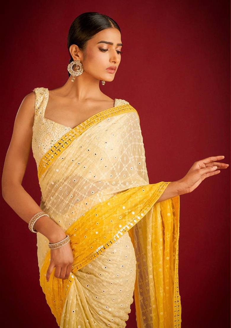 Yellow Solid Georgette Saree Set