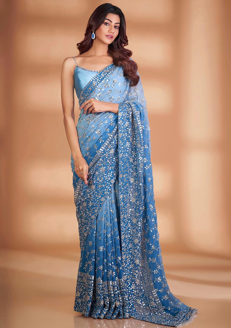 Blue Solid Georgette Saree Set