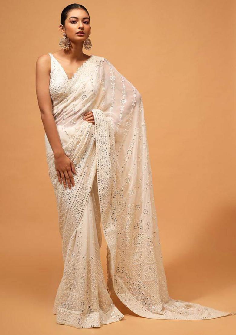 White Solid Georgette Saree Set