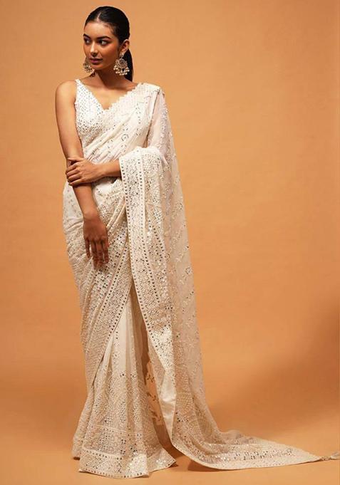 White Solid Georgette Saree Set