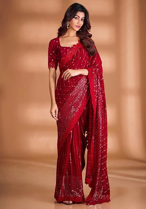 Red Solid Georgette Saree Set