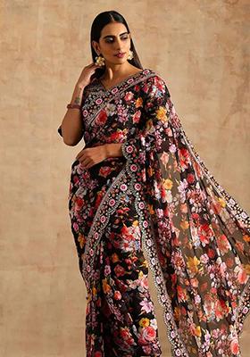 Black Solid Georgette Saree Set