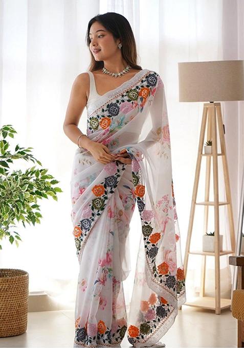 White Solid Georgette Saree Set