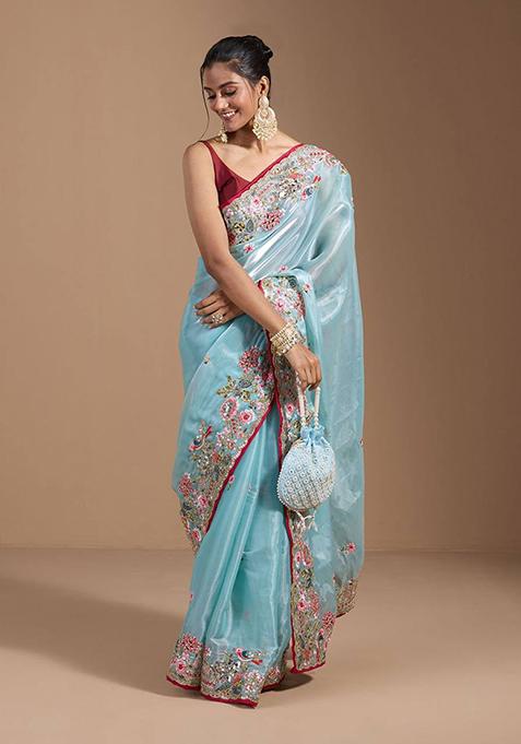 Sky Blue Solid Organza Saree Set