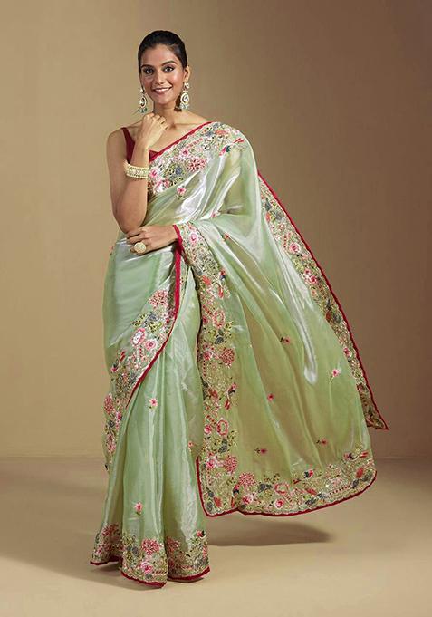 Green Solid Organza Saree Set