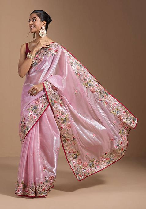 Pink Solid Organza Saree Set