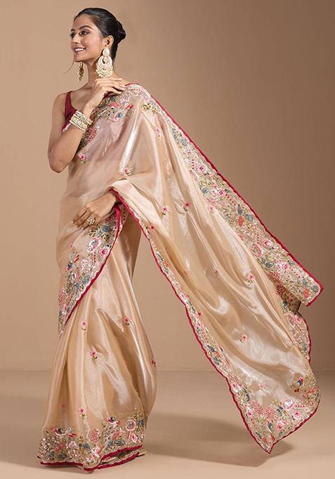 Chiku Brown Solid Organza Saree Set