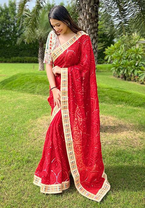 Red Solid Georgette Saree Set