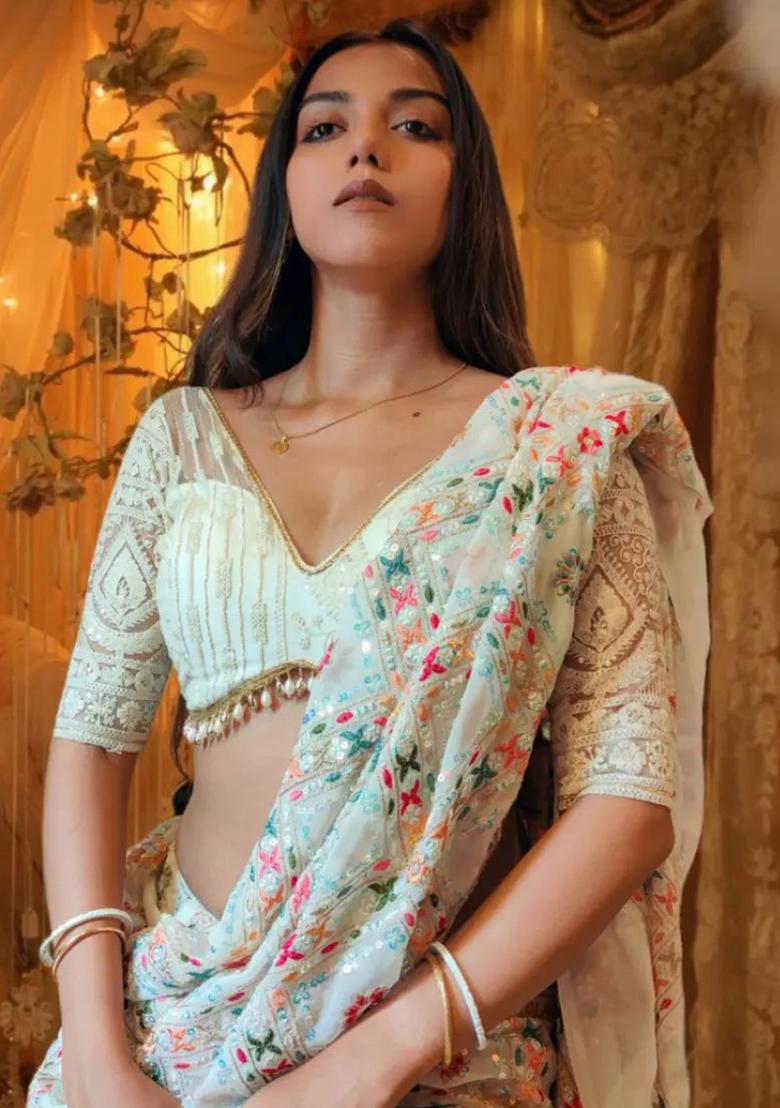 Off White Solid Georgette Saree Set