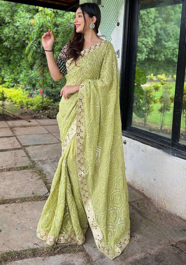 Olive Solid Georgette Saree Set for Diwali and Festive Wear - Indya