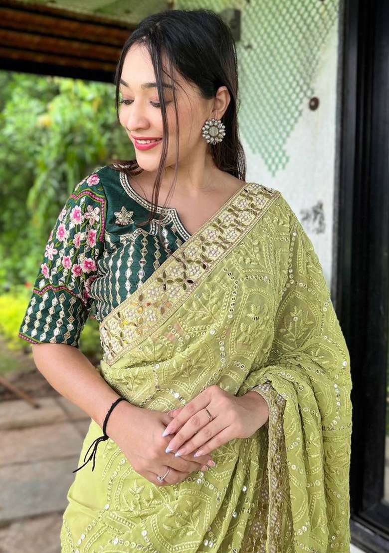 Olive Solid Georgette Saree Set for Diwali and Festive Wear - Indya
