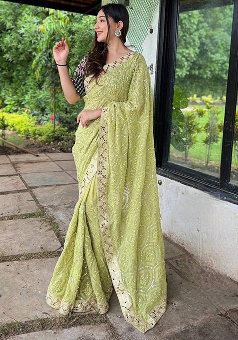 Olive Solid Georgette Saree Set