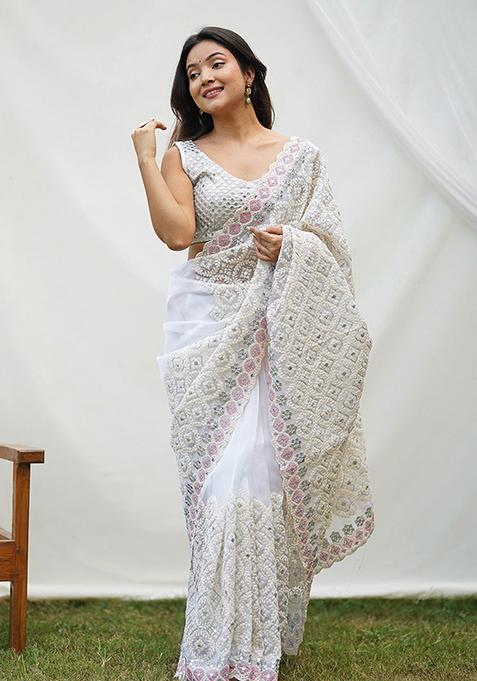 White Solid Organza Saree Set