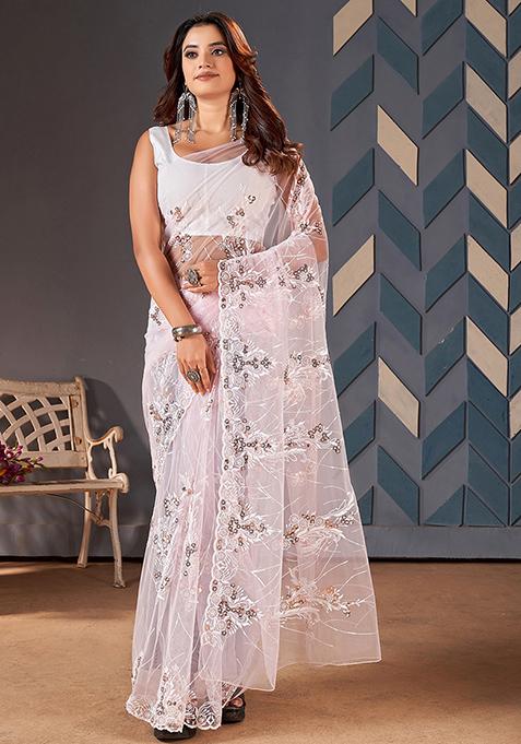 Pink Solid Net Saree Set