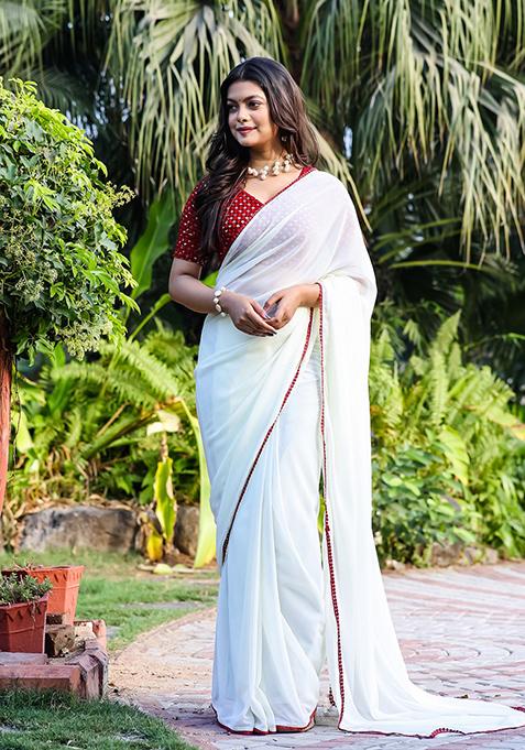 White Solid Georgette Saree Set