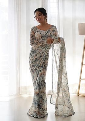 Grey Solid Tabby Silk Saree Set