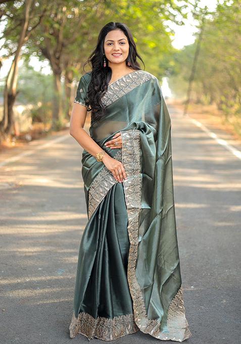 Teal Solid Burberry Silk Saree Set