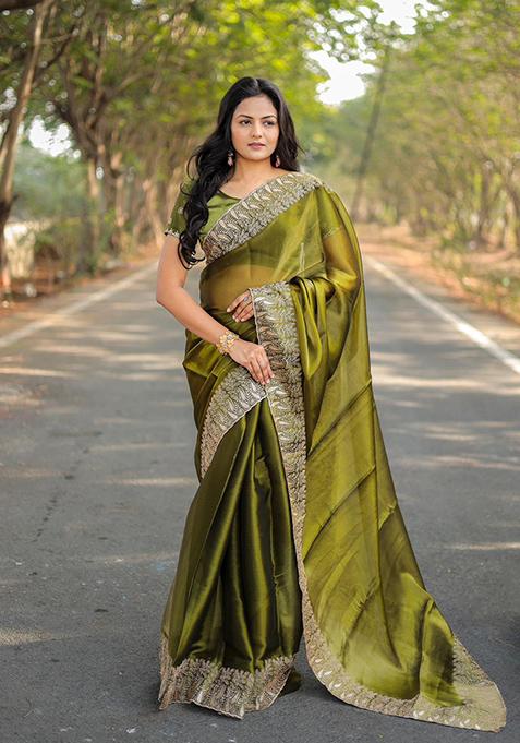 Mehendi Yellow Solid Burberry Silk Saree Set