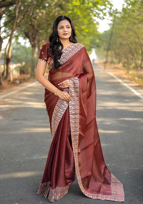 Peach Solid Burberry Silk Saree Set