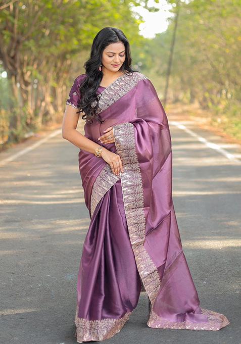 Purple Solid Burberry Silk Saree Set